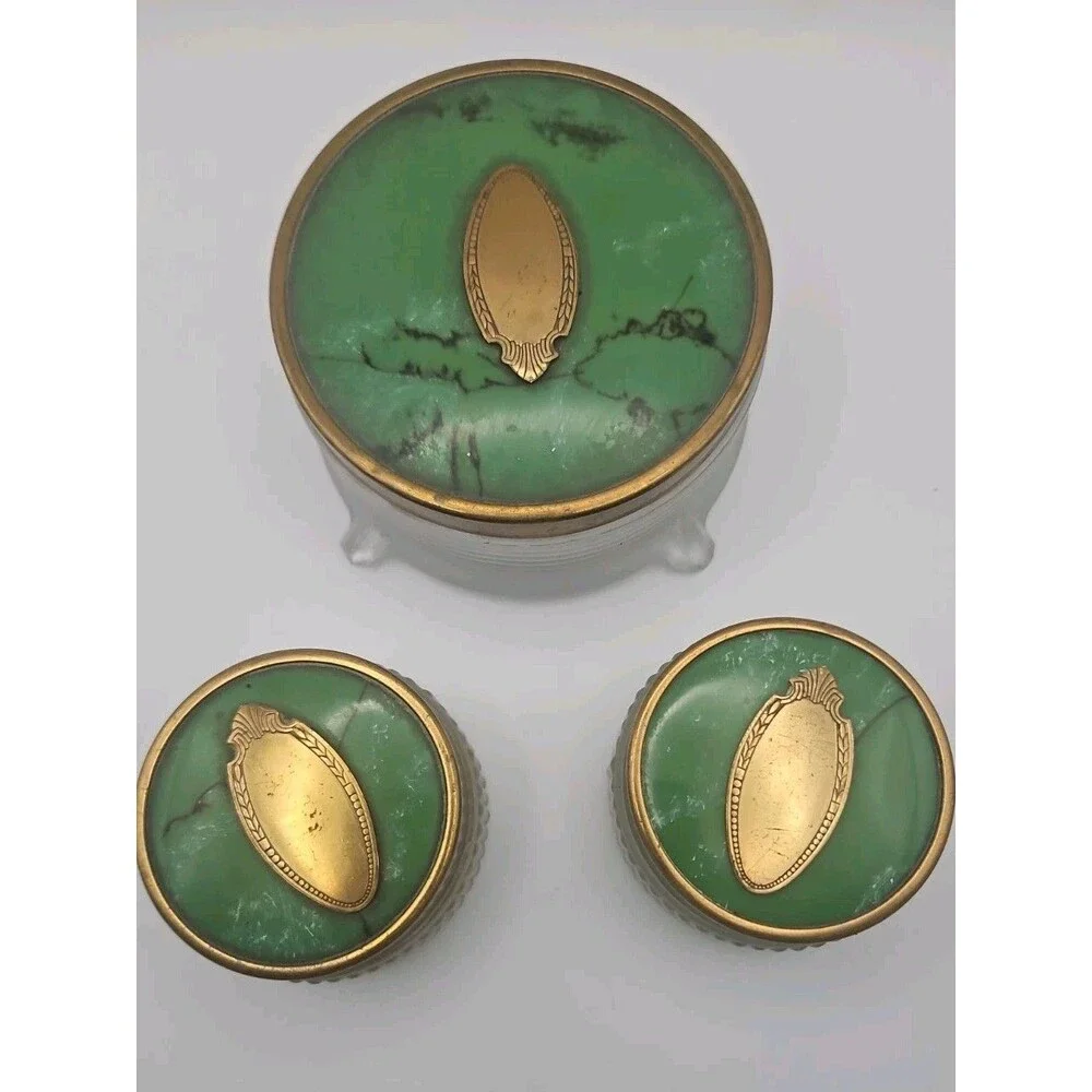 Vtg Set Dresser Glass Jars Green Art DecoMetal  Lids